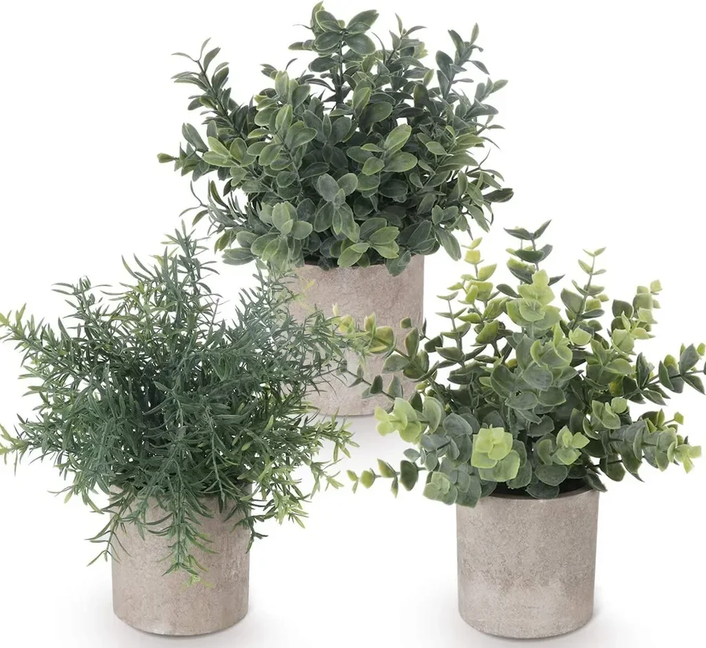 3 Stücke Künstliche Pflanzen Mini Kunstpflanzen Echt Eukalyptus Rosmarin Babysbreath Kleine mit Töpfen Tischdeko Haus Balkon Büro Deko