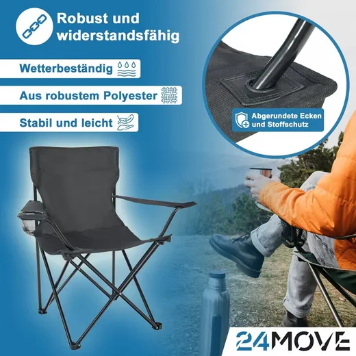 24MOVE Campingstuhl faltbar Getränkehalter Tragetasche schwarz 100kg