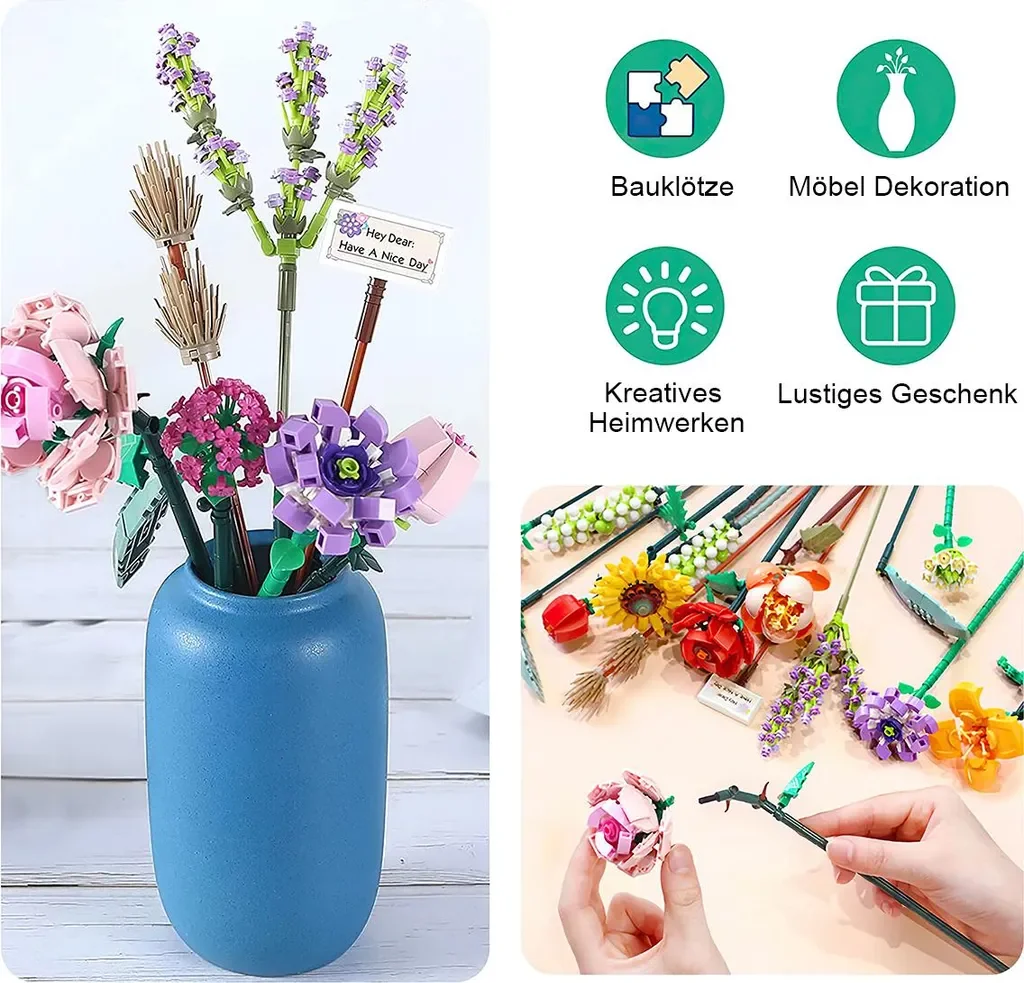 Dopwii Blumen aus Bausteinen, 547 Teile, Deko-Blumenstrauß Set