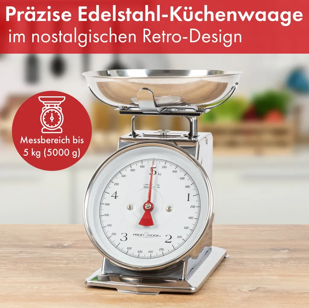 ProfiCook Retro Küchenwaage analog 5 kg mit Tara Edelstahlschüssel
