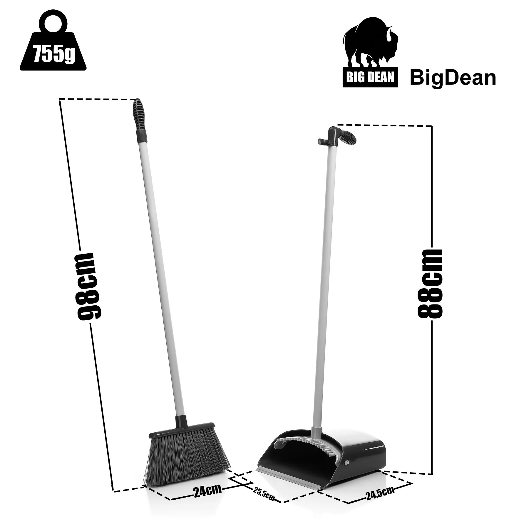 BIGDEAN Kehrgarnitur 2er Set Kehrschaufel mit Besen Grau