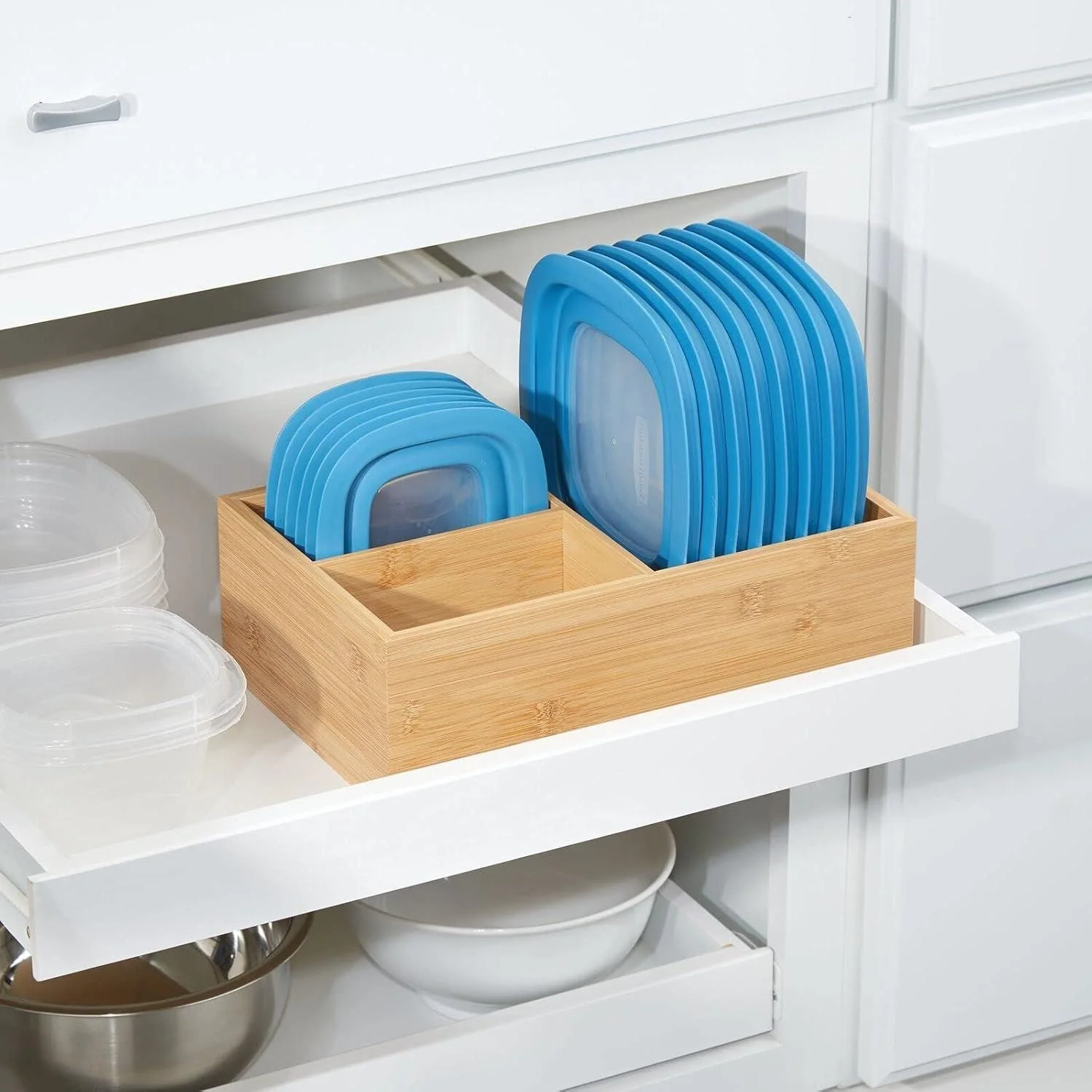 MDESIGN Deckelhalter Aufbewahrungskorb 3 Fächer Küche Bambus