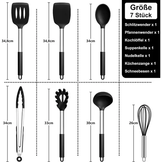 LUXUSKOLLEKTION Kochutensilien Set 7 tlg Silikon schwarz antihaft