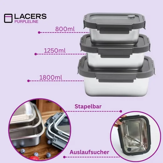 LACERS PurpleLine Edelstahl Vorratsdosen Set 6 teilig mit Glasdeckeln