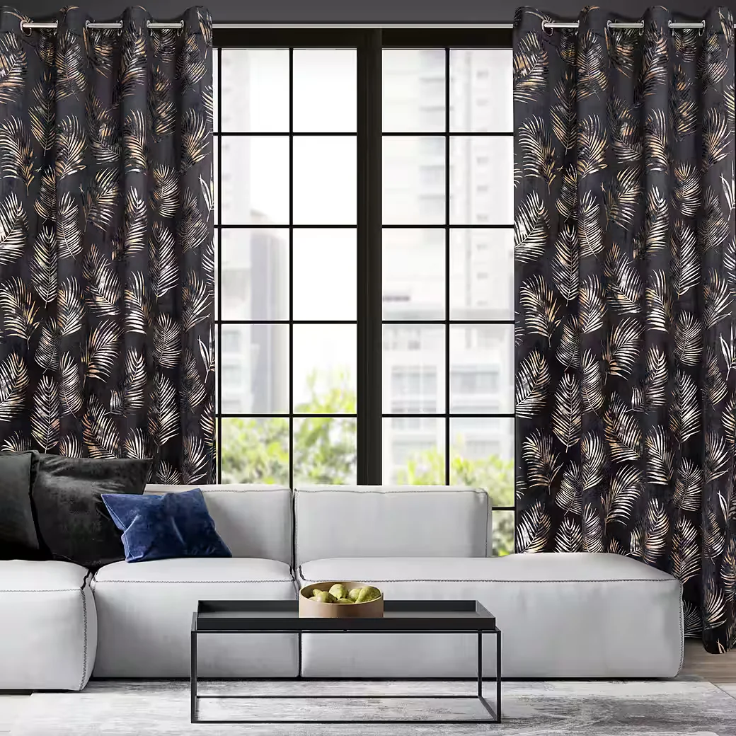 EUROFIRANY Velvet Samt Vorhang mit goldenem Blättermuster