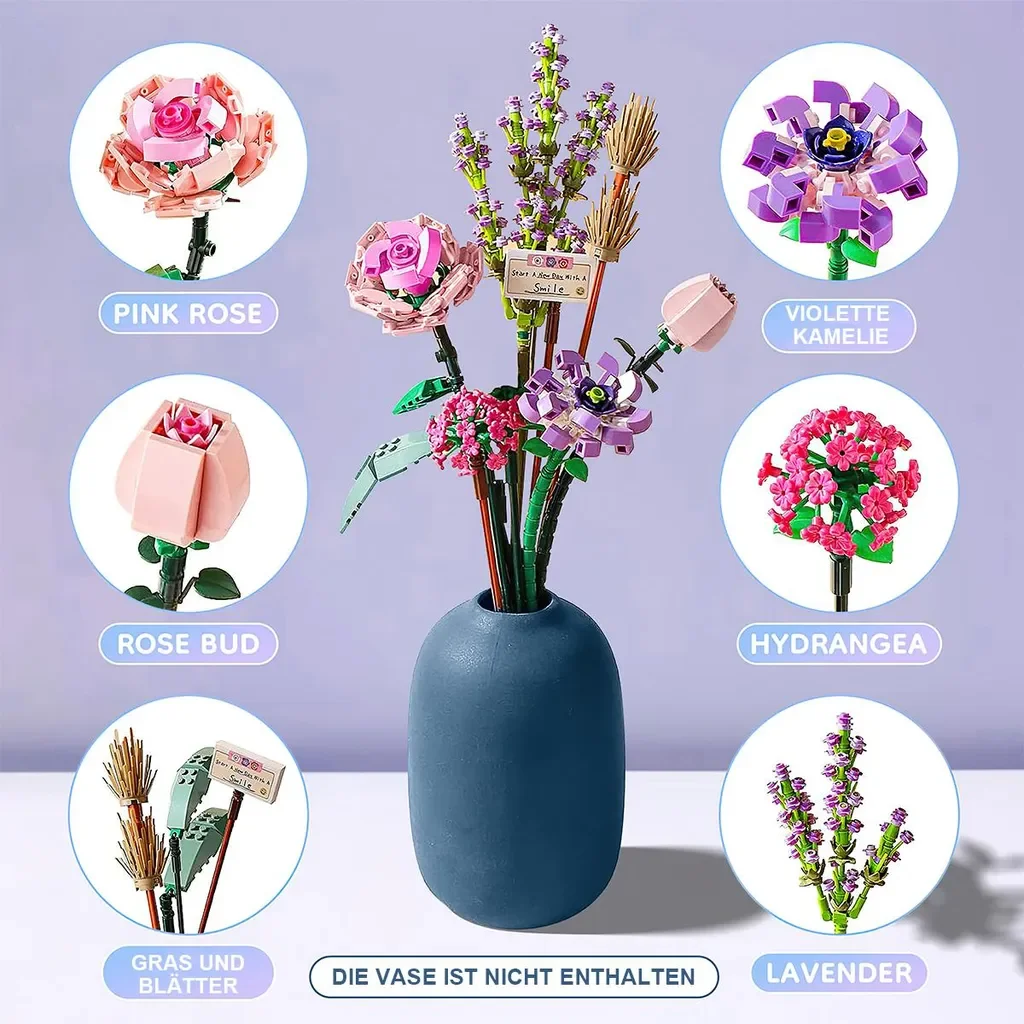 Dopwii Blumen aus Bausteinen, 547 Teile, Deko-Blumenstrauß Set