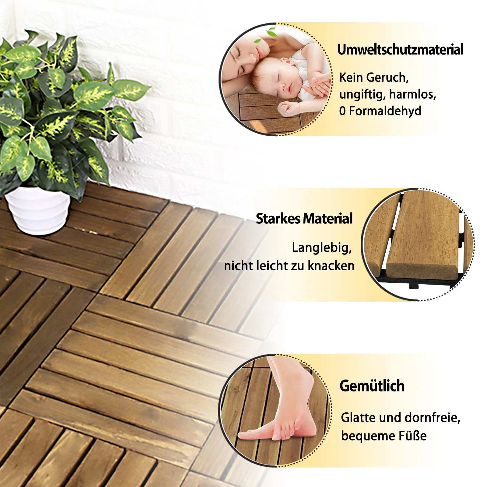 FIVMEN Holzfliesen Akazie Mosaik 30x30 cm 6/12 Latten Terrassenfliese