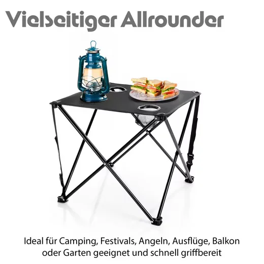 BIGDEAN Campingtisch faltbar schwarz, 2 Getränkehalter, 30 kg belastbar
