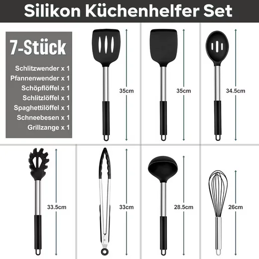 LUXUSKOLLEKTION Kochbesteck Set Silikon schwarz 7tlg Edelstahlgriff