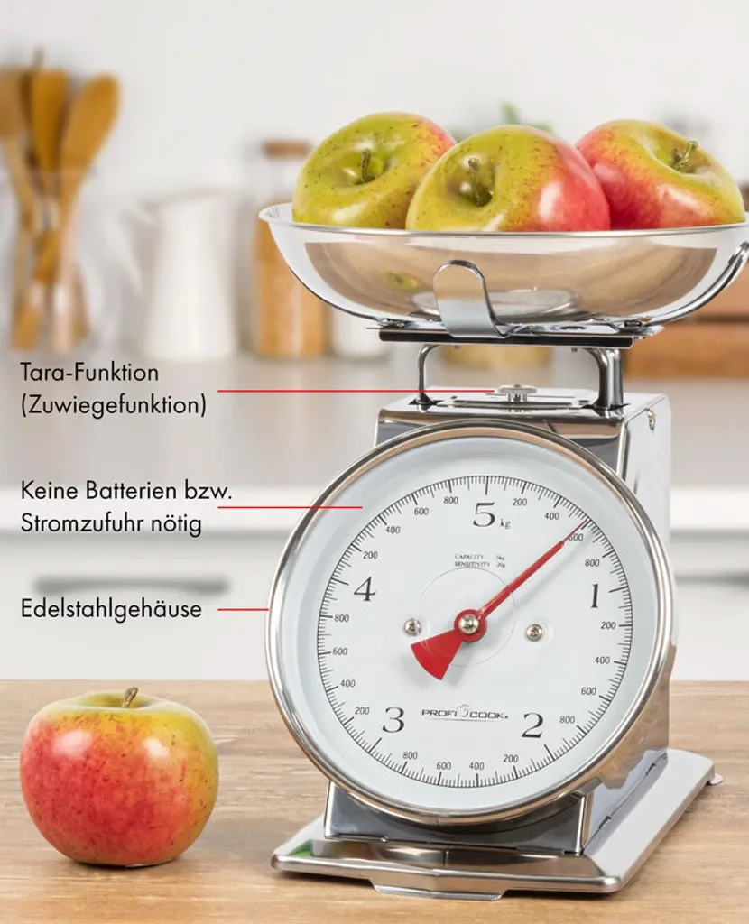 ProfiCook Retro Küchenwaage analog 5 kg mit Tara Edelstahlschüssel