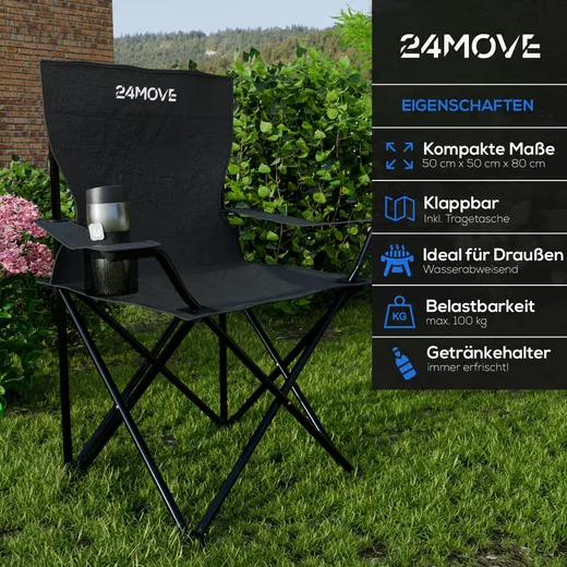 24MOVE Campingstuhl faltbar Getränkehalter Tragetasche schwarz 100kg