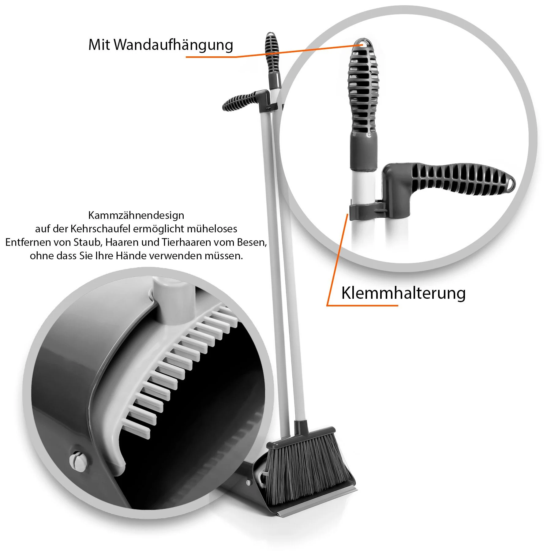 BIGDEAN Kehrgarnitur 2er Set Kehrschaufel mit Besen Grau