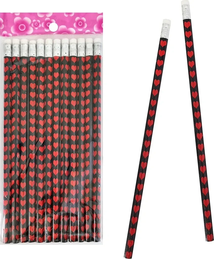 12er Set Bleistifte Herzmotiv mit Radiergummi, 19 cm